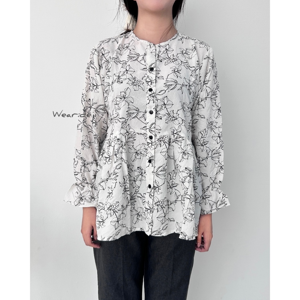 DEJI - Alana Blouse Kemeja Kerja Kantor Kuliah Wanita Crinkle Korean Style Motif Bunga