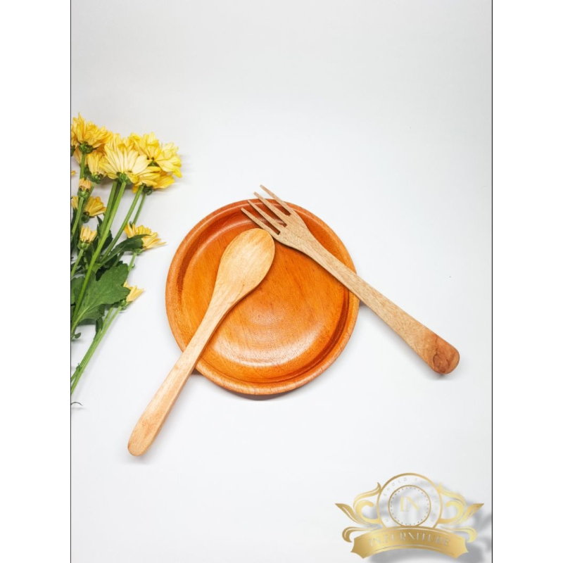 3PCS SET ALAT MAKAN ISI PIRING LIUK SENDOK DAN GARPU KAYU MAHONI