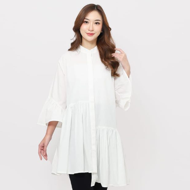 TALLU - Dandelion Asymetric Midi White - Kemeja Asimetris Midi Tunik Wanita Putih