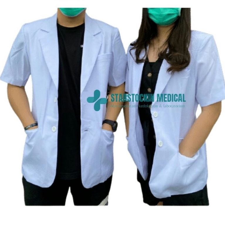 KODE L8S Jas Dokter Pria Wanita Lengan Pendek Snelli Dua Saudara Putih Kain Serat