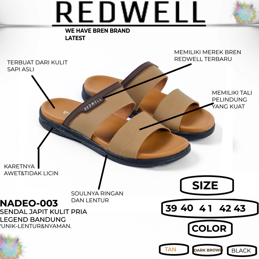 Sandal Jepit Pria REDWELLNADEO 3 Casual Size 39 4 41 42 43 Warna Hitam TANCOKLAT TUA Bahan Kulit Sap