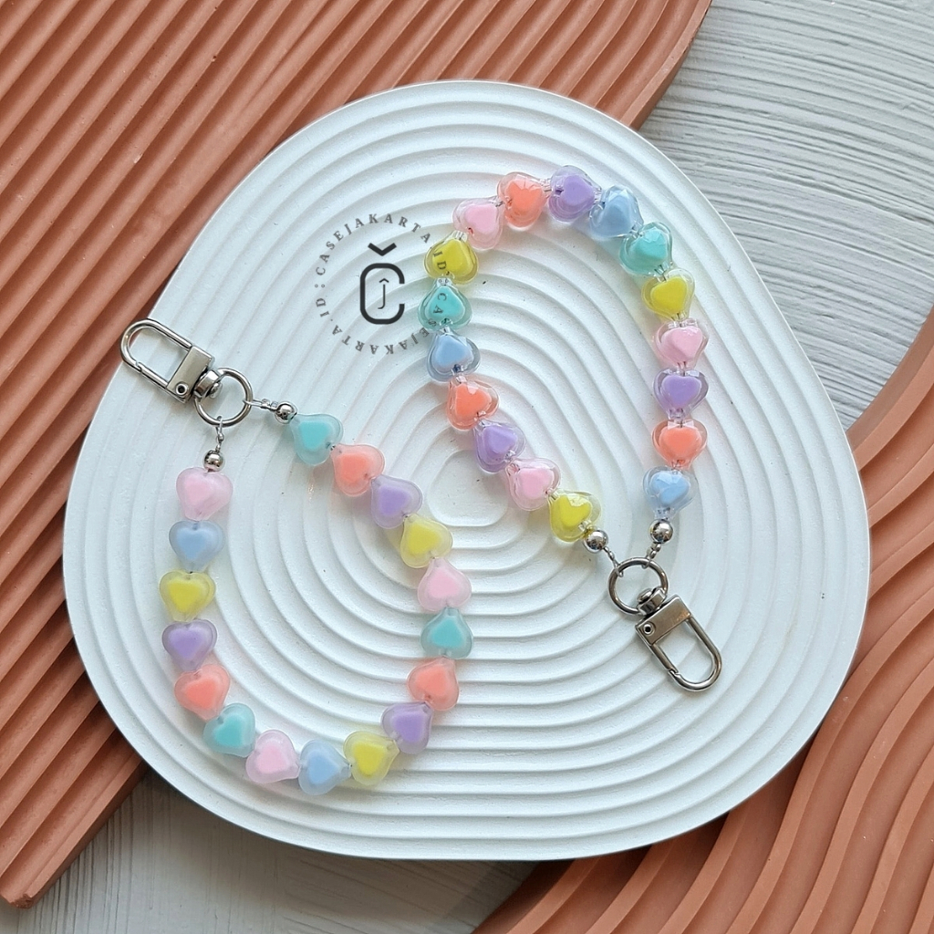 Tali Gantungan Hp RAINBOW HEART - Strap Phone Charm Beads - Gantungan Hp Aestehtic Korea Style Serba