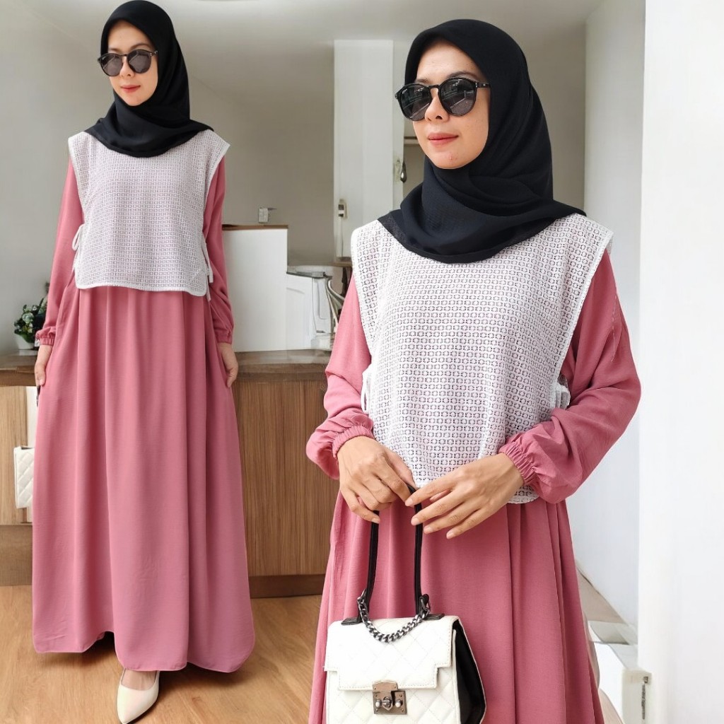 Zeline Dress Brukat Premium Gamis Muslim Crinkle Airflow Kondangan Outer Bisa Lepas Pasang (SG)