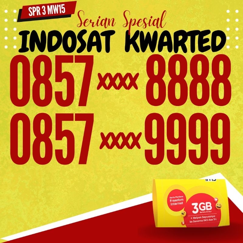 Nomer Cantik Indosat  Serian 8888 9999 Kode SPR3 MW15 12 Digit No Cantik Indosat Im3 Oredoo Kartu Pe