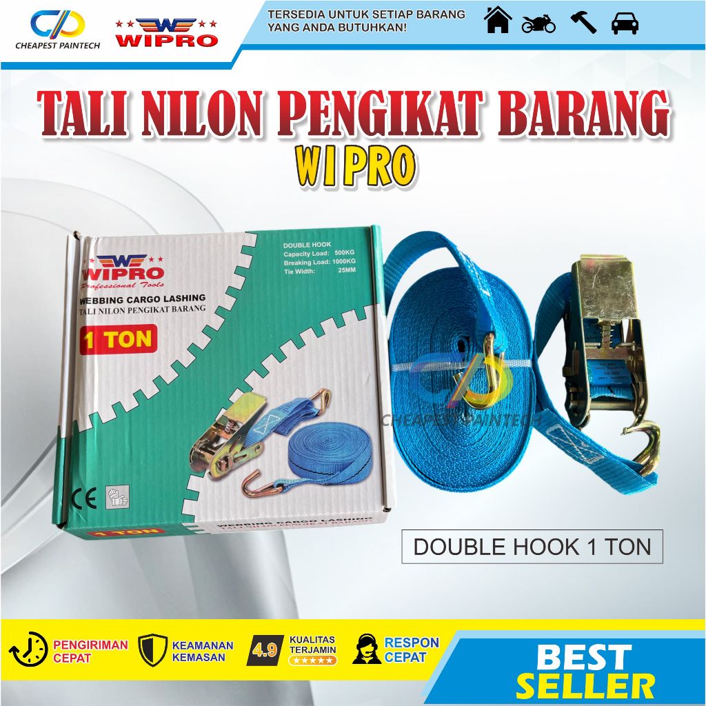WIPRO TREK BELT / TALI PENGIKAT BARANG 1"x10 meterx1TON / RACHET TIE DOWN / IKAT TALI BARANG