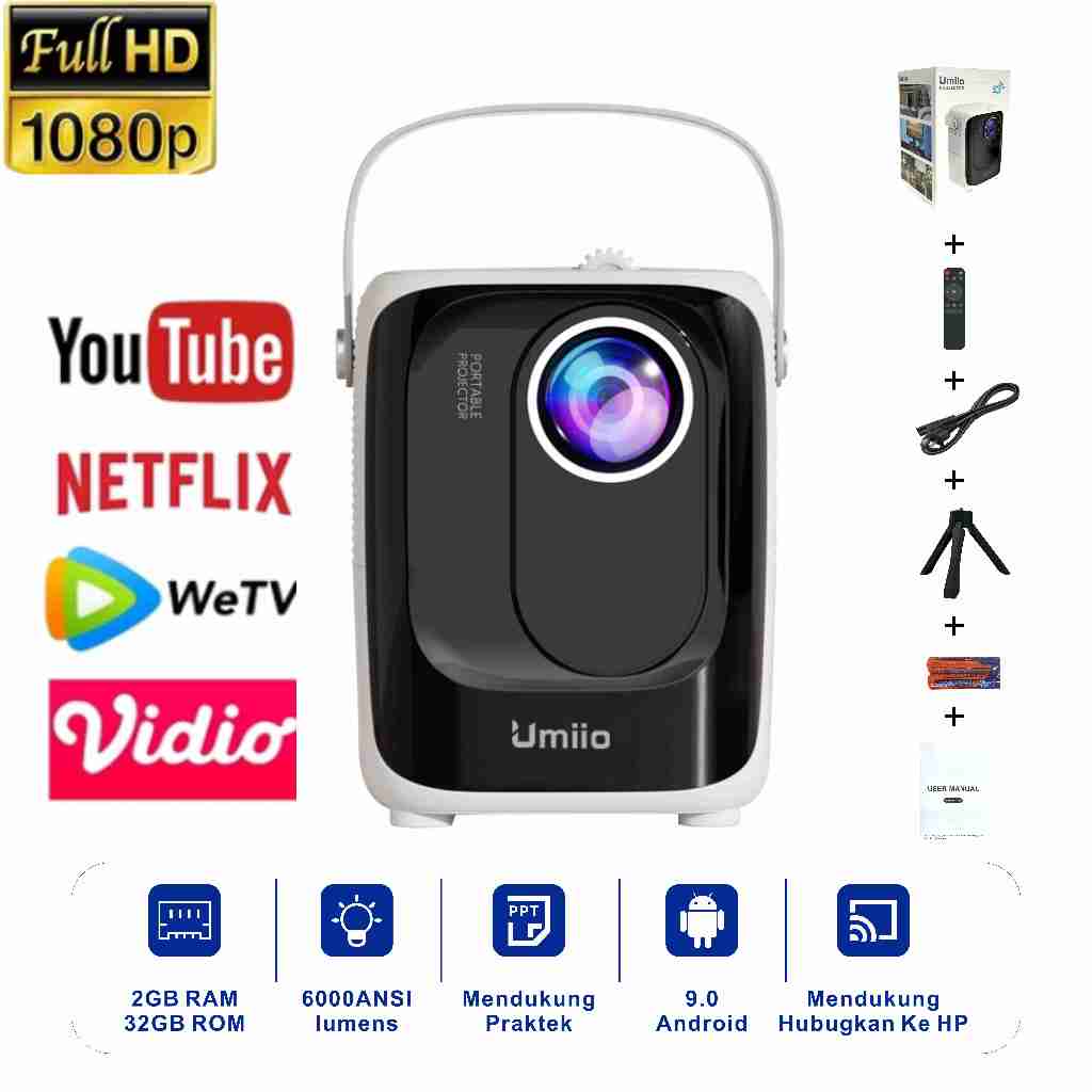 [COD] Ready Stock Umiio A007 Projector 6000 Lumen 1080P 2+32GB Portable Smart Mini Proyektor