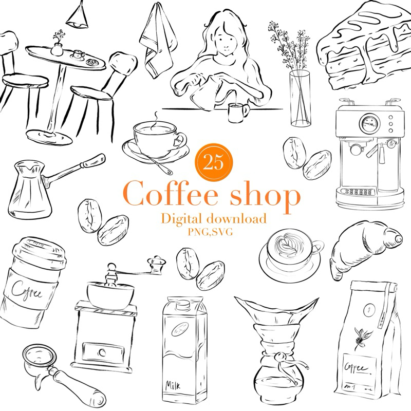 

H I I L L U S T || Coffee Shop Line Drawn Clip'art, 25 Png, Svg , Cafe, Food and Drink Instant Digital Download