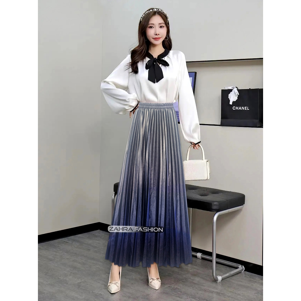 Rok Plisket Panjang Bludru Velvet Motif Gradasi Import Kekinian Gaya Korea Terbaru High Quality
