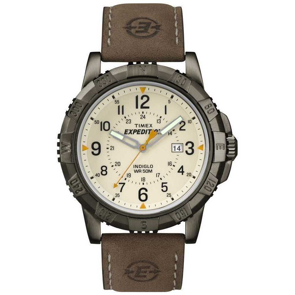 Timex T49990, Men's Expedition Brown Leather Watch, Indiglo, Date, NEW