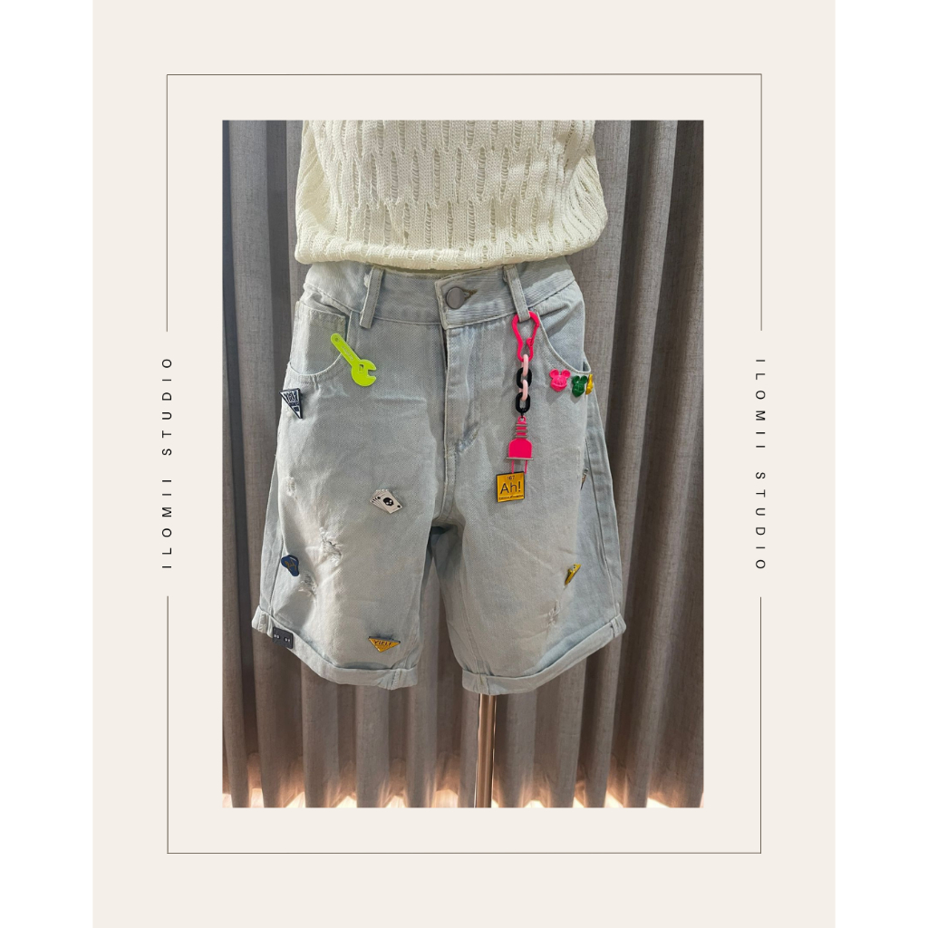 Celana Jeans Denim Korea Wanita Wash Jeans Variasi Pin Mickey