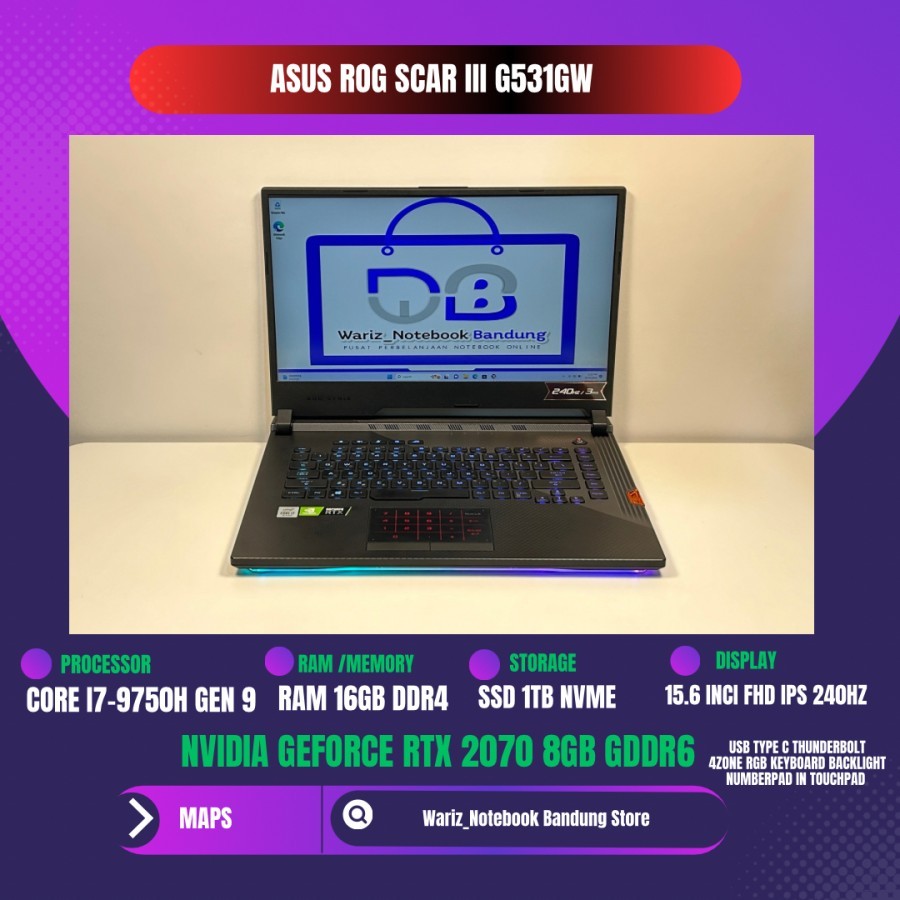 ASUS ROG SCAR G531GW CORE I7-9750H NVIDIA RTX 2070 RAM 16GB SSD 1TB 15inci 240Hz like new
