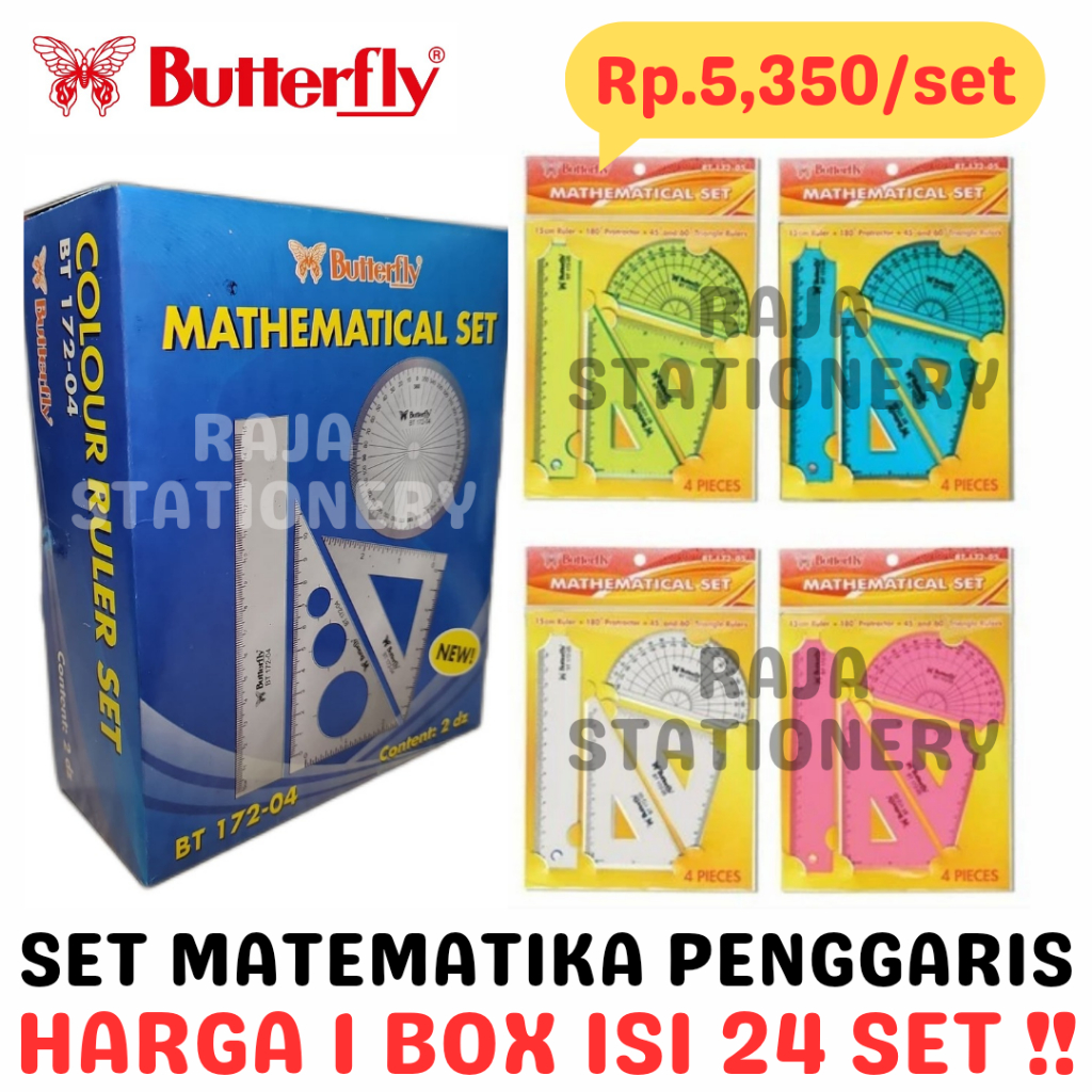 

BUTTERFLY MATH SET 4PCS PAKET PENGGARIS BUSUR SIKU BUTTERFLY MATEMATIKA BT-172-04 BOX [24SET]