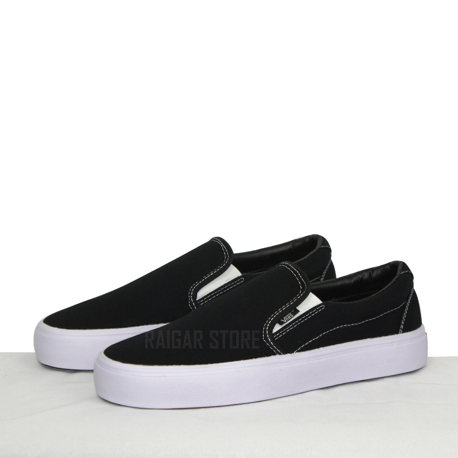 Sepatu vans slip on tanpa tali pria casual wanita canvas foxing karet putih simpel termurah