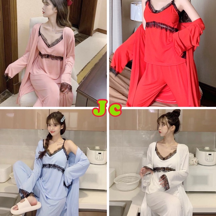 Langka JC Set Kimono 3in1 PP Import  Baju tidur Kimono Set Kekan  Set Kimono wanita