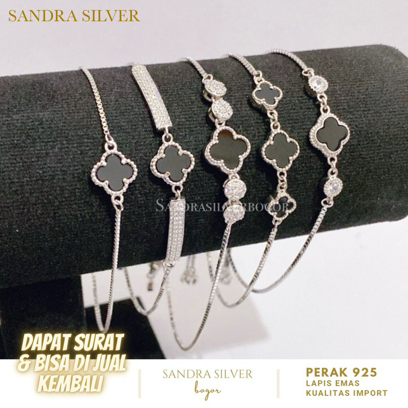 Gelang Serut Clover Perak 925 Lapis emas putih