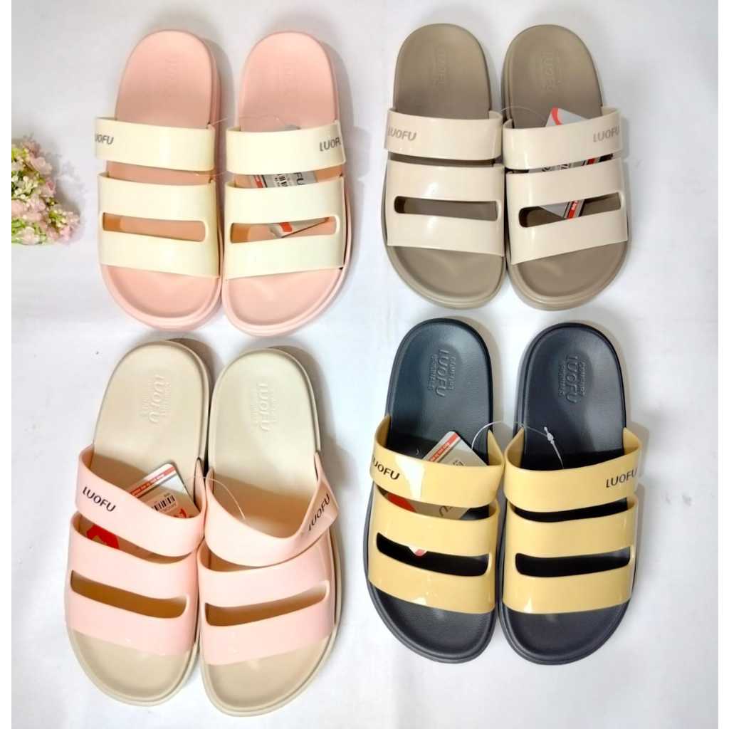 Luofu Sandal Selop Karet Wanita Ban 3 Polos 1619
