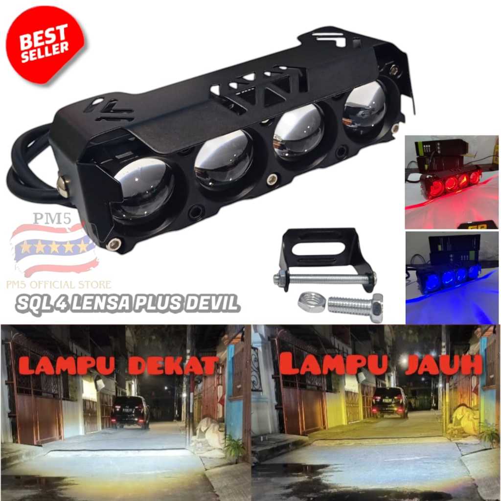 Lampu Tembak Sorot SQL 4 Mata Lensa D2 D3 Cut Off High Low Putih Kuning Plus Devil Universal pm5
