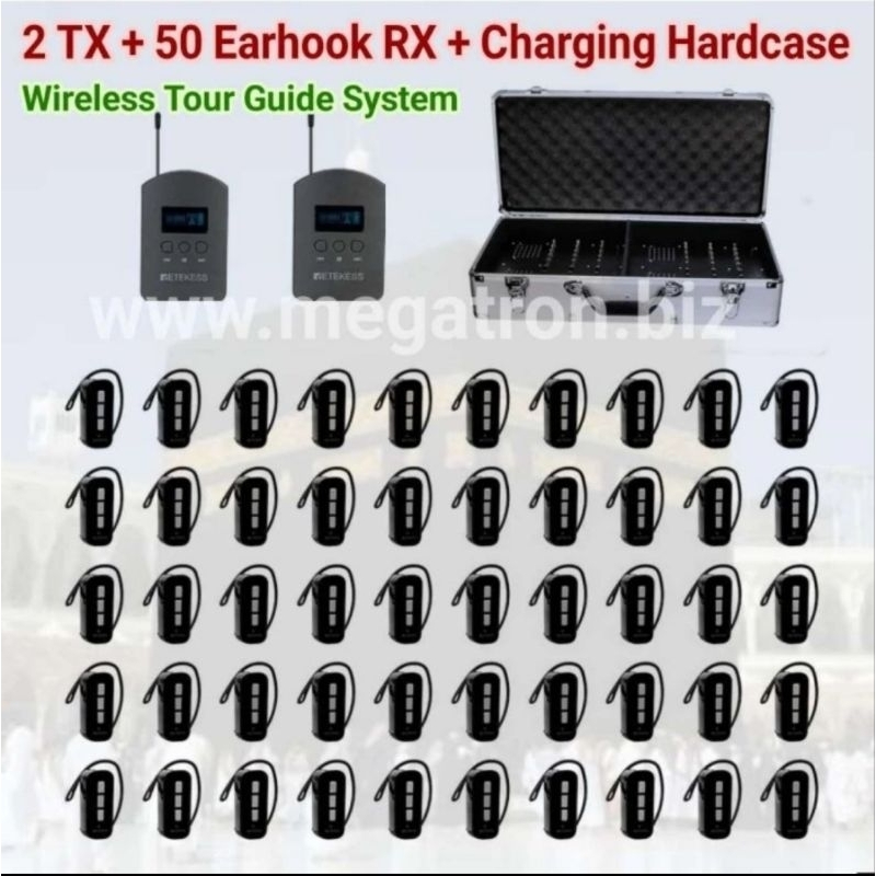 Paket Wireless Tour Guide System 2 Transmitter + 50 Earhook Receiver + Koper charging