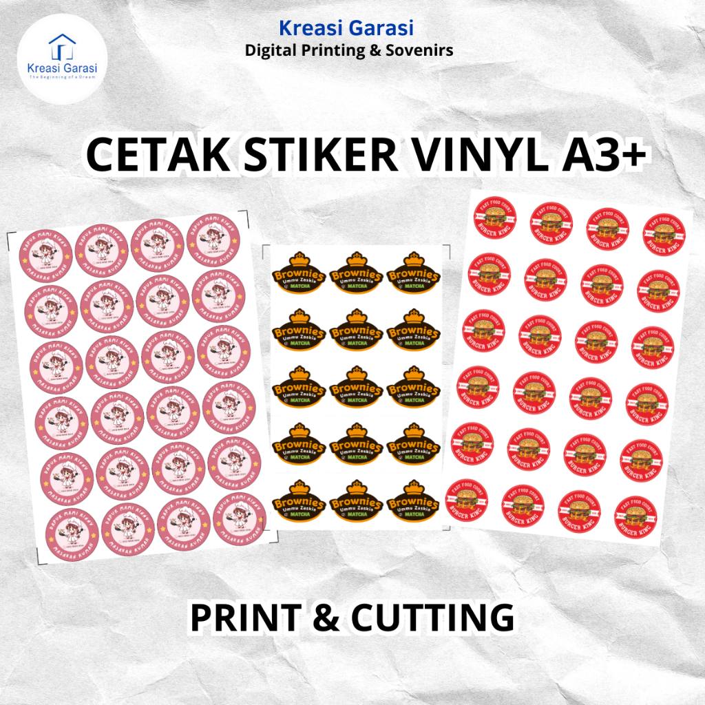 

Cetak Print Kiss Cut Label/ Logo Produk Makanan Minuman dll Termurah Vinyl A3+ /Cutting + Cetak