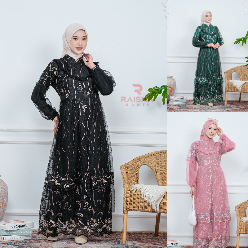 RAISHA - Gamis Brukat FAZRINA Dress Kondangan Full Tile Brokat Bordir Keliling Mix Tile Dot Untuk Ga