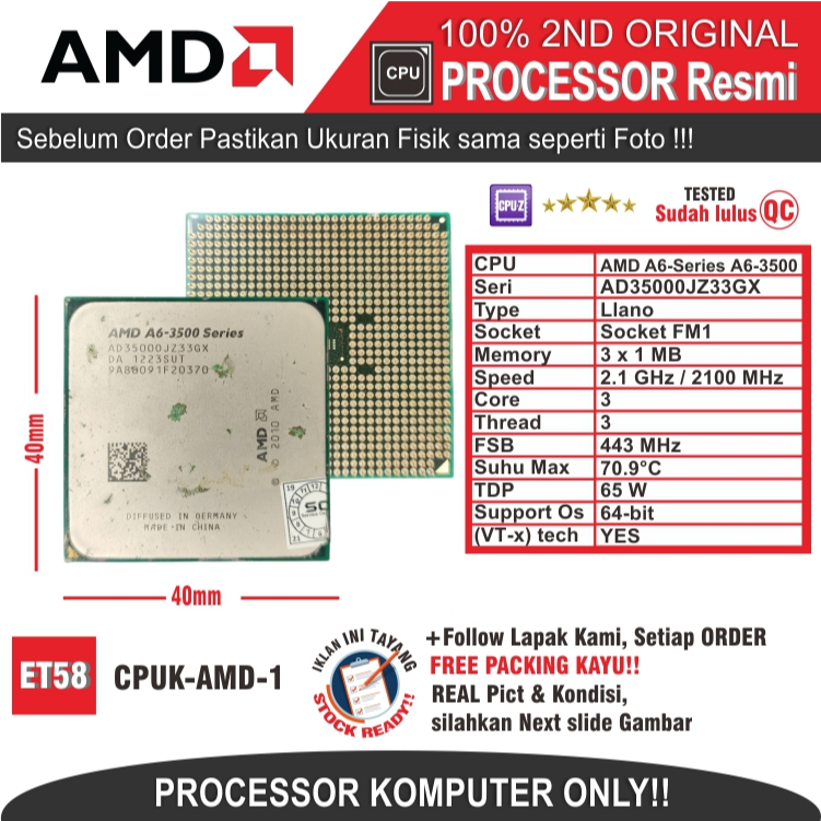 ET58 CPUK-AMD-1 PROCESSOR PC KOMPUTER AMD A6-SERIES A6-3500 AD35000JZ33GX