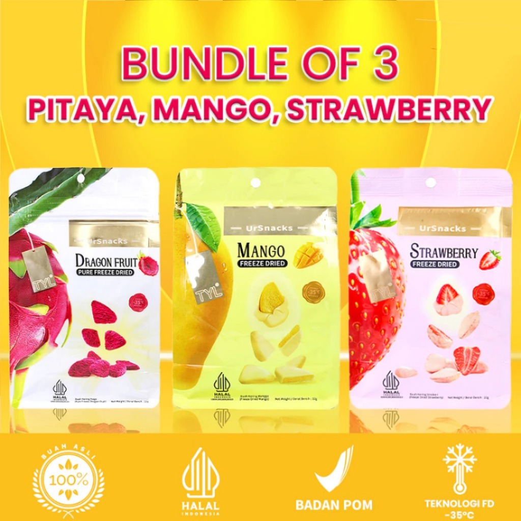 

[BEST SELLER] URSNACKS Bundle Of 3 - Freeze Dried Keripik Sehat naga+ Mango + Strawberry buah kering