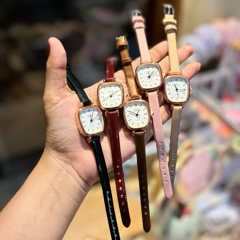 Jam Tangan Kulit Glossy Wanita, Jam Analog, Jam Tangan Persegi Besar