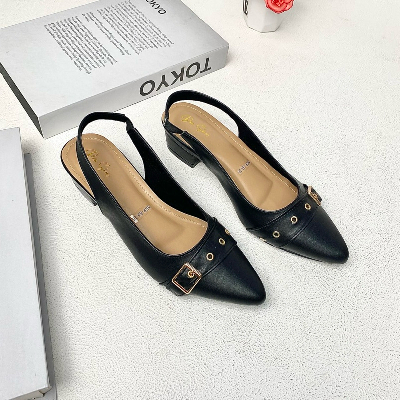 Sandal Wanita slop Hak 3 cm tali karet belakang LEONA