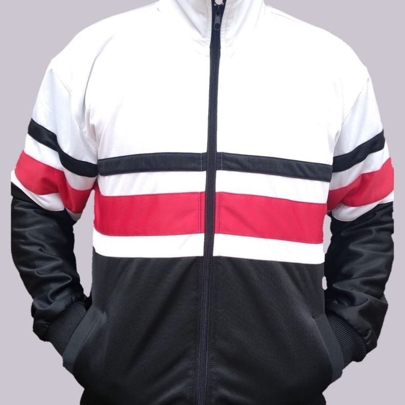 JUNA JAKET TRACKTROP PRIA/WANITA KOMBINASI HITAM/PUTIH LIST MERAH