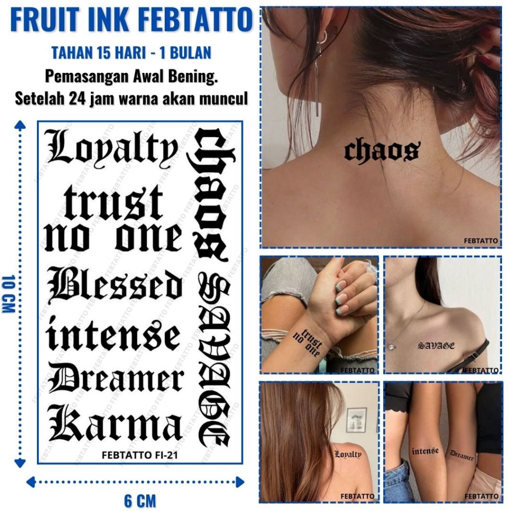 FRUIT INK Tato Tulisan Aesthetic Tahan 1 Bulan Ukuran 6cm x 10cm - FI 21 - Tato Lengan Tato Dada Tat