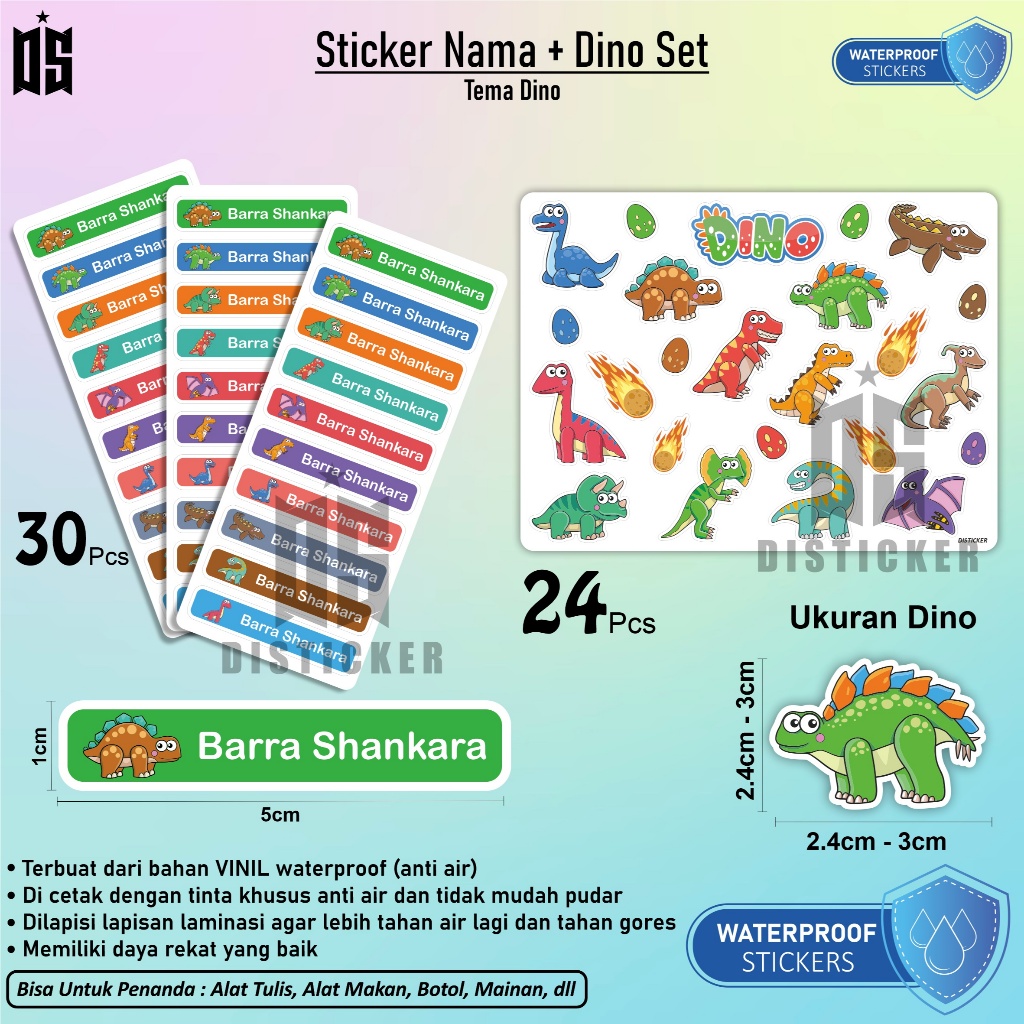 

DISTICKER Sticker Nama Anak 30 pcs Stiker Dino Vinyl Waterproof Dinosaur Anti Air Dinosaurus