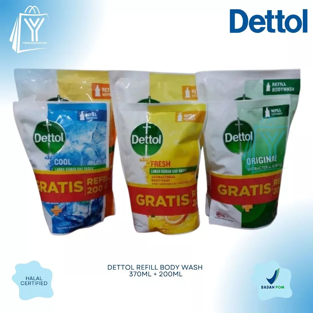 Bundling Dettol Sabun Mandi Cair Anti Bakteri Cool / Ori / Lasting Fresh 370ml Gratis Refill 200ml