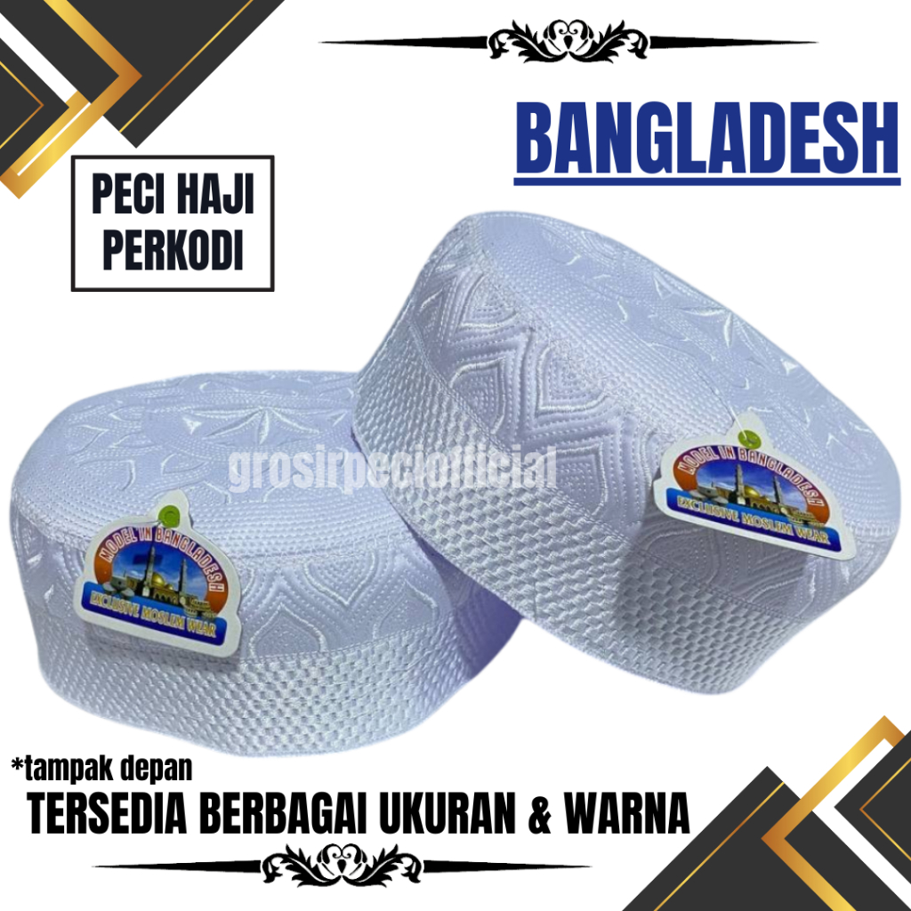 [GROSIR] 20 Pcs Peci Putih Haji Bangladesh Super Motif Bordir Peci Santri Dewasa Peci Umroh