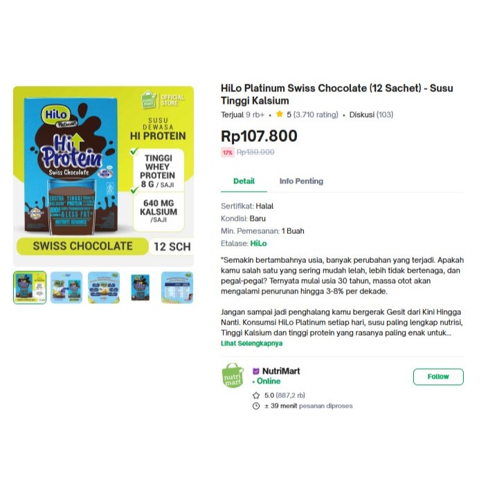 

[UNDER RETAIL] HiLo Platinum Swiss Chocolate 12 Sachet - Susu Tinggi Kalsium