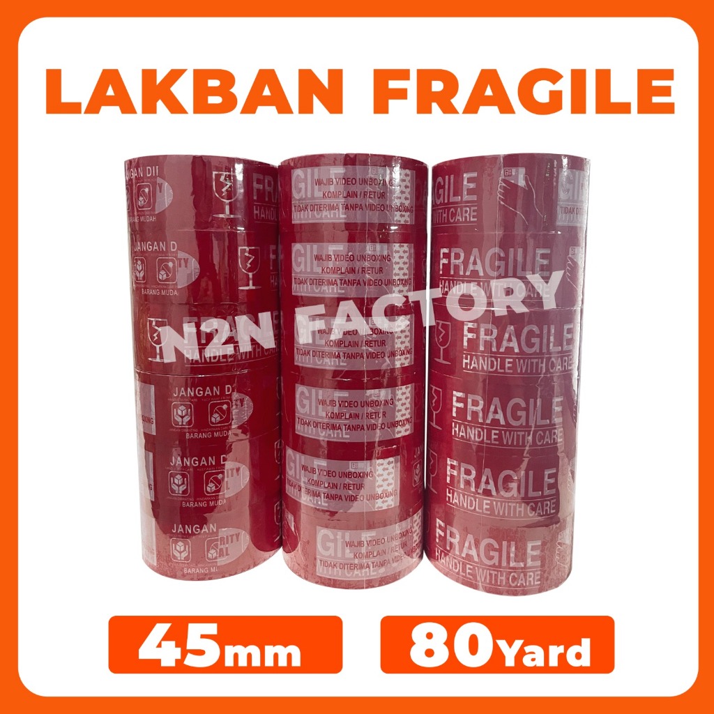 

Lakban FRAGILE Merah Packing OPP Tape Lakban FRAGILE 1 Slop ( 6 Roll ) 45mm 80 Yard | N2N Factory