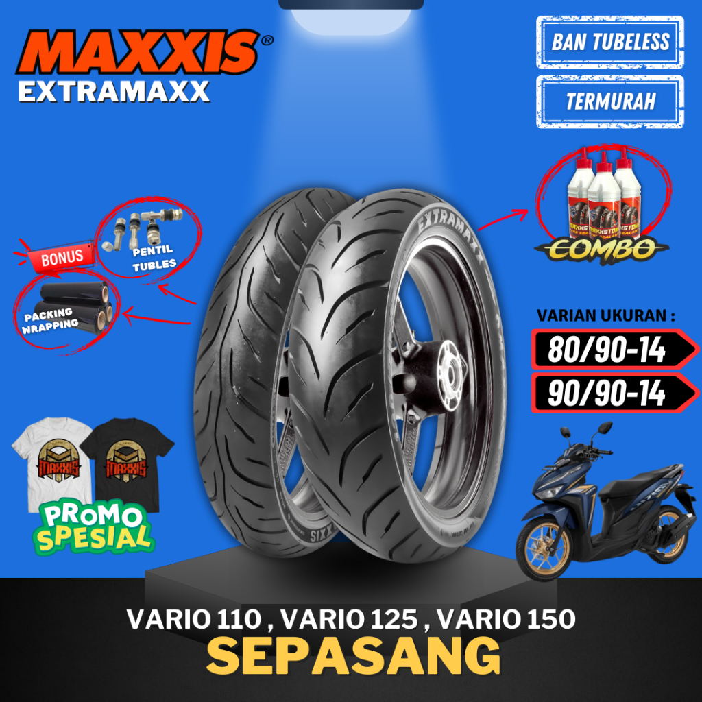 [PAKET SEPASANG TERMURAH] BAN MAXXIS EXTRAMAXX M6233/34 TUBELESS ( 80/90-14 / 90/90-14 ) BAN MOTOR M