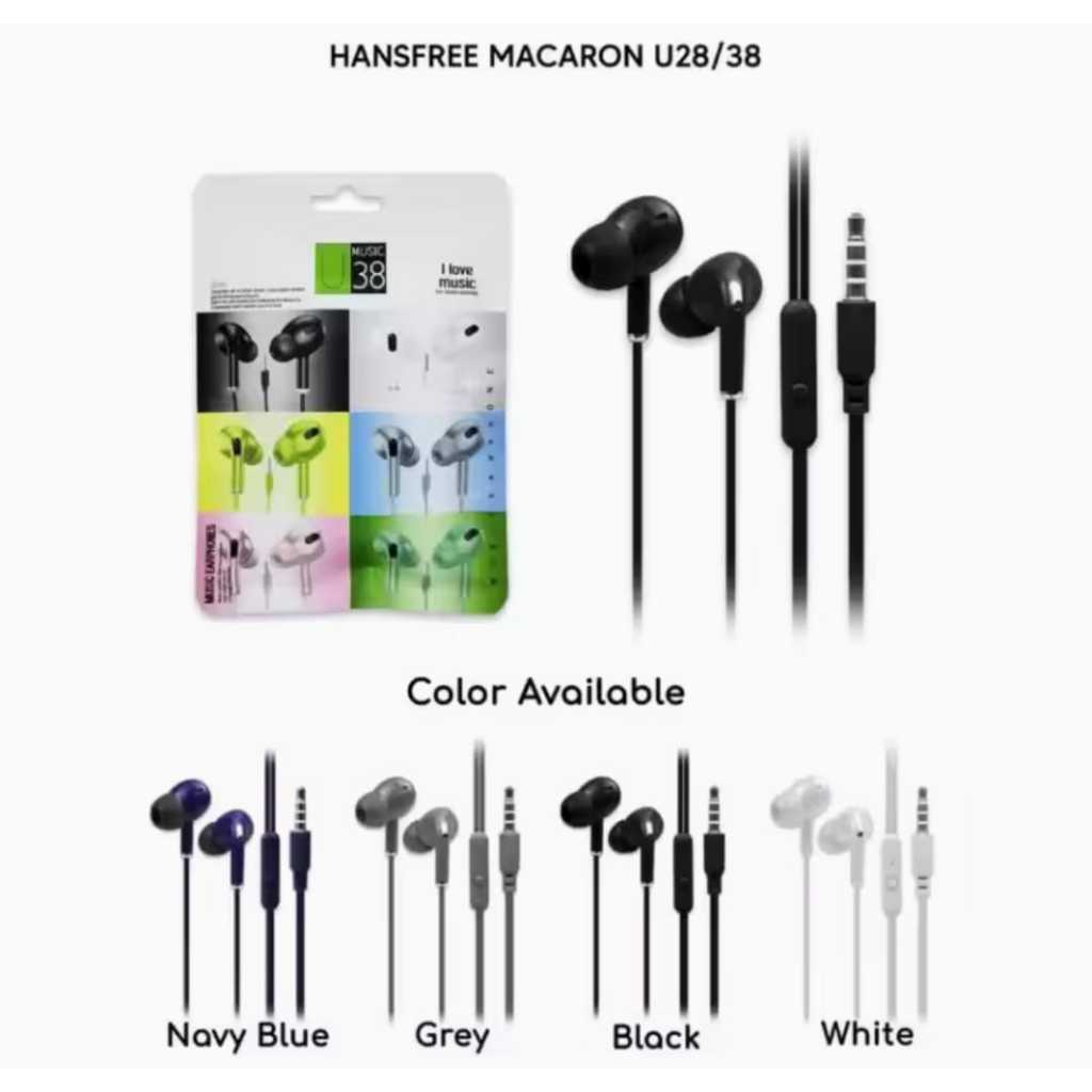 U28 / U38 Earphone - Headset - Handsfree MACARON Extra Bass HF Murah Universal + Mic Makaron