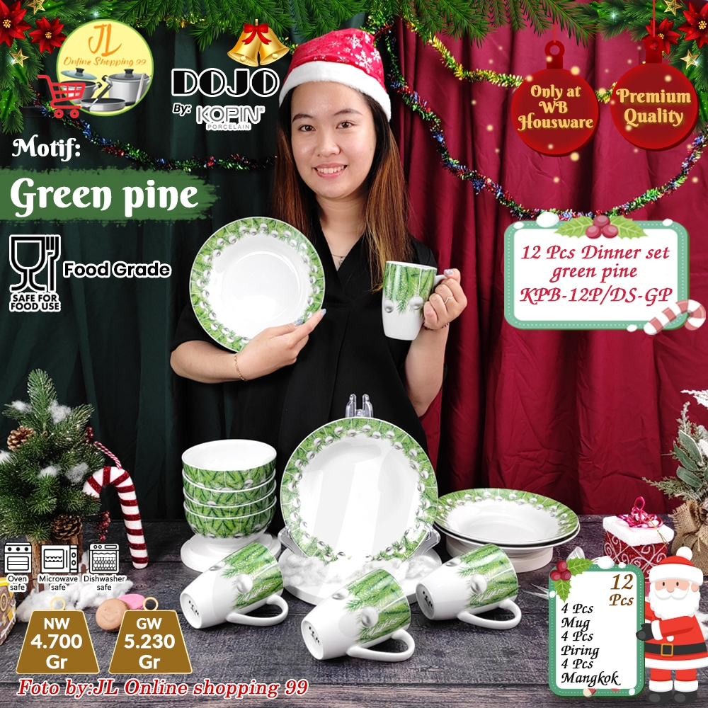 KOPIN 12pcs porcelain dinner set piring gelas mangkok motif green pine special natal christmas KPB-1