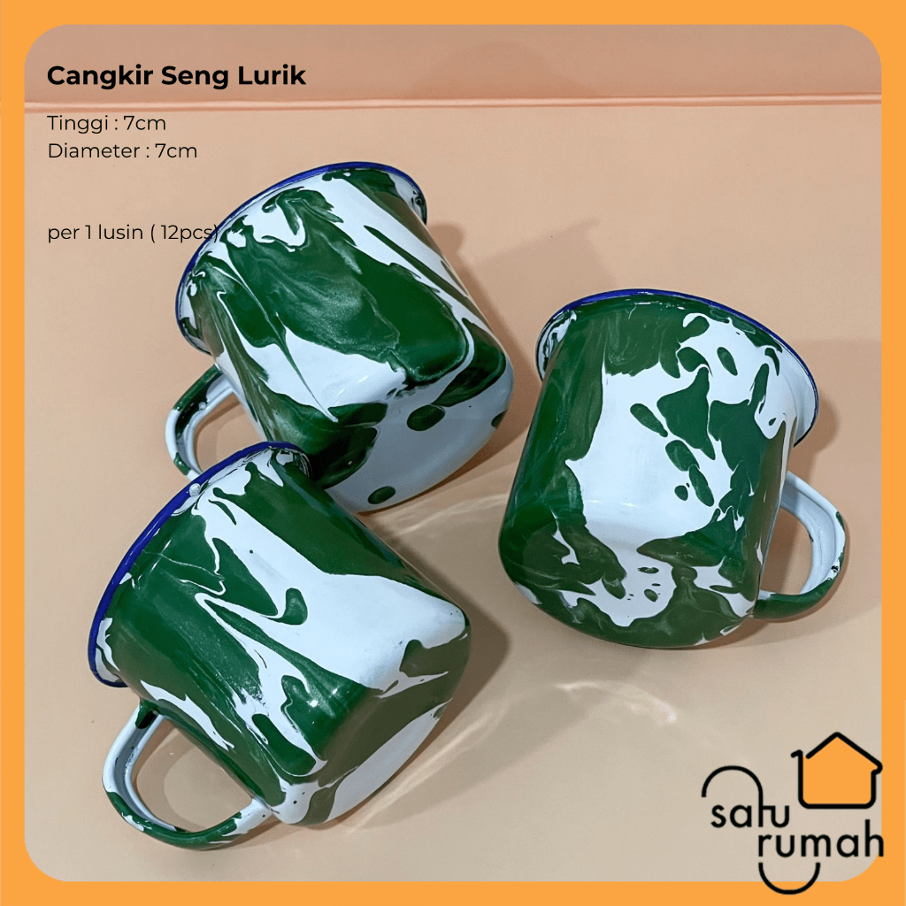 GGj 1LUSIN ATAU 6PCS CANGKIR SENG LURIK 7CM / CANGKIR JADUL / GELAS ENAMEL GAGANG MUG WARUNG / SET