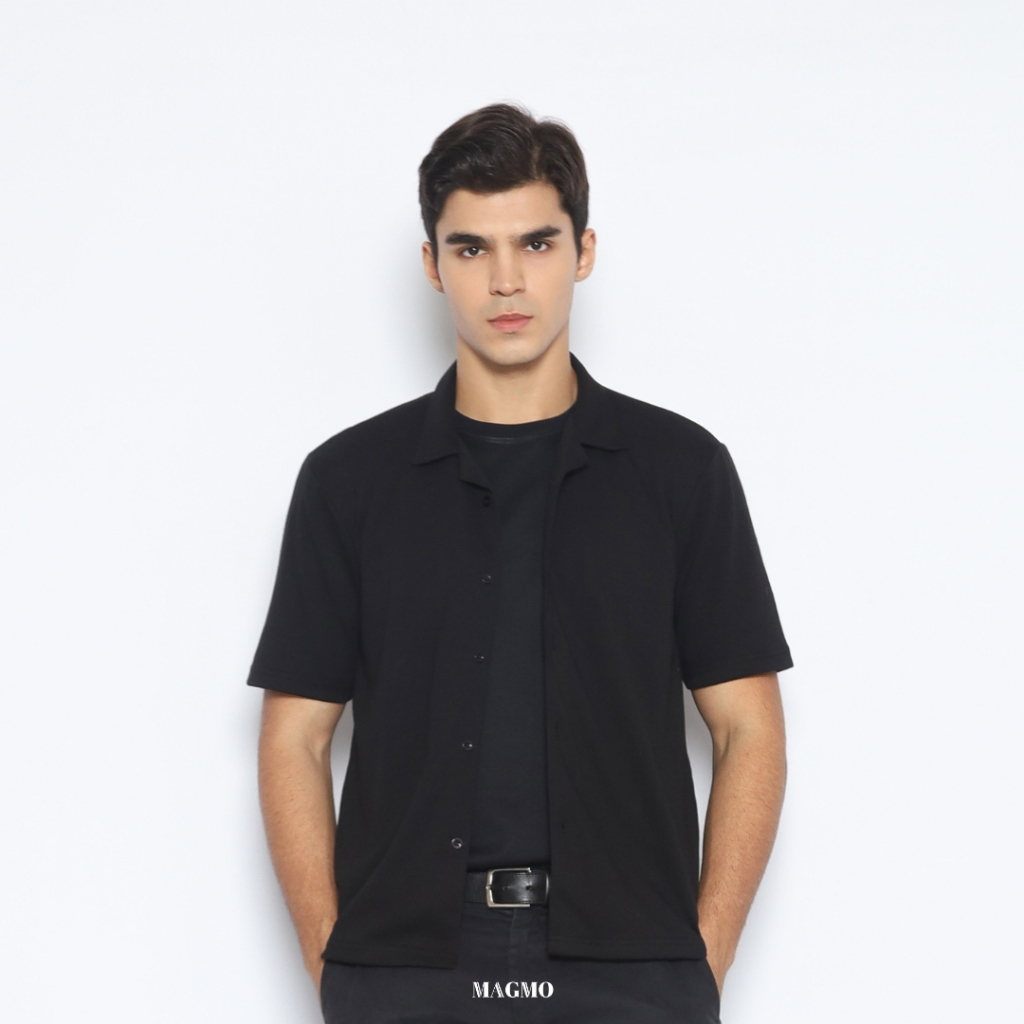 Kemeja Bowling Shirt - Strech Cotton Combed Black - Magmo - Stone