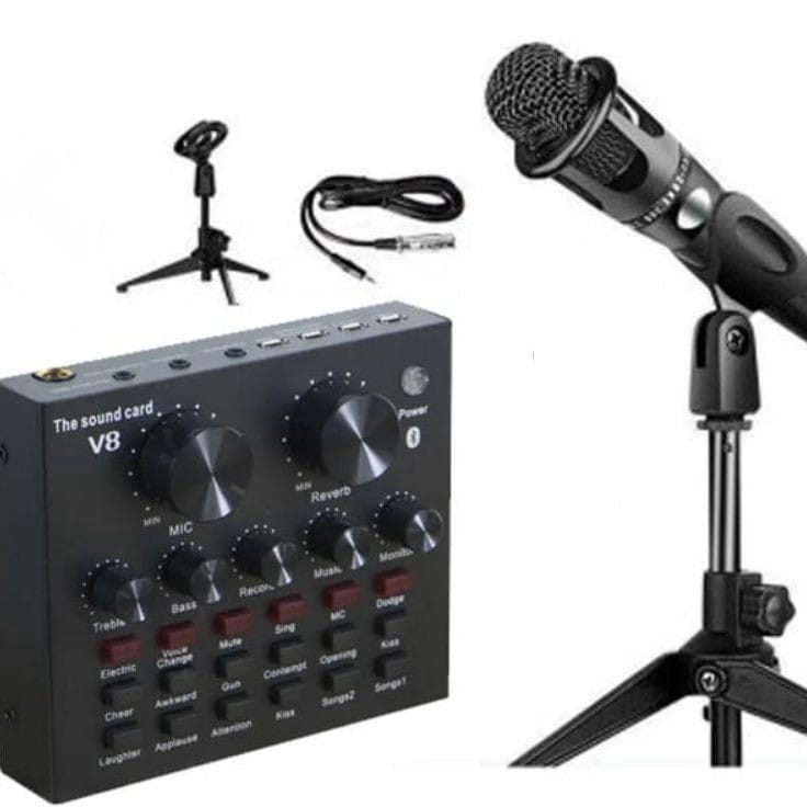 Hot Arrival   TERMURAH  PAKET MICROPHONE Mic Condenser v8 Tripod  SOUNDCARD V8