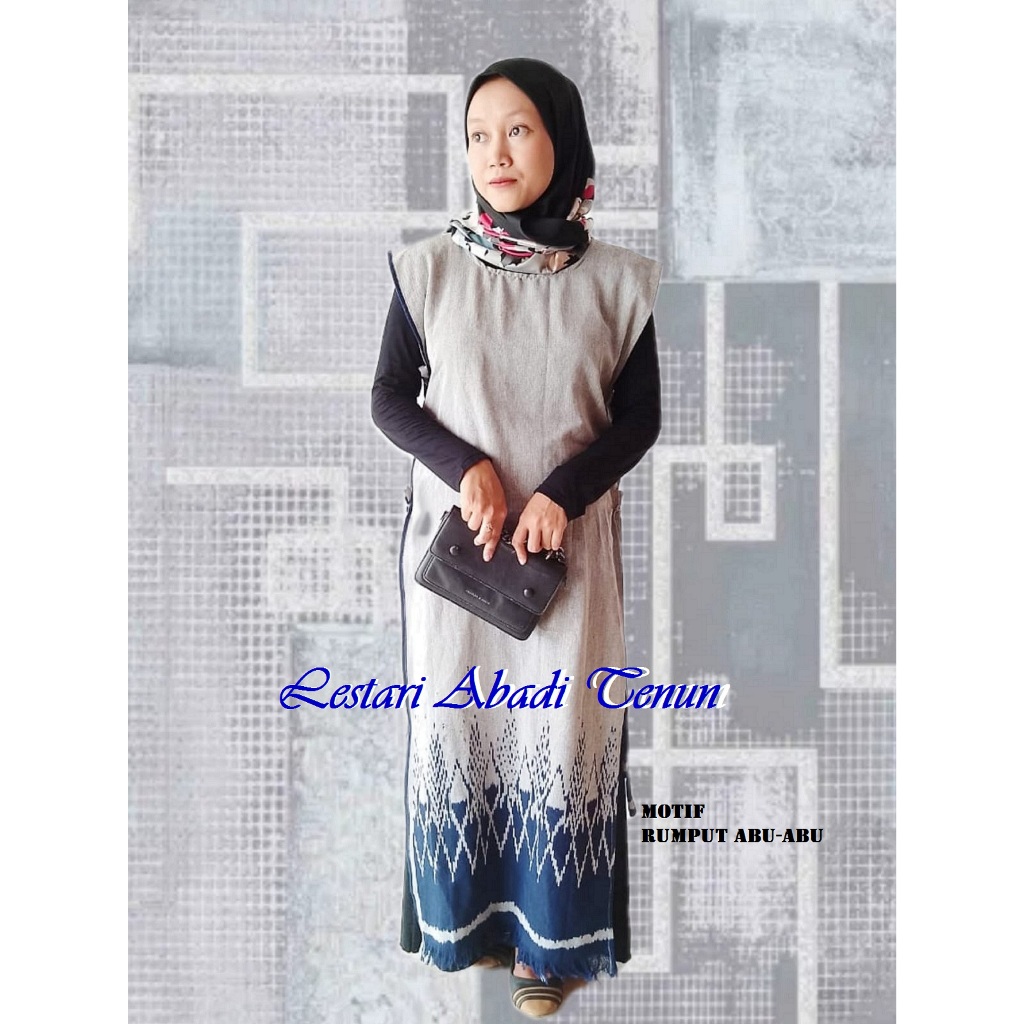 VEST WANITA PANJANG, OUTER ROMPI BAJU TENUN - MOTIF RUMPUT ABU-ABU ( NEW )