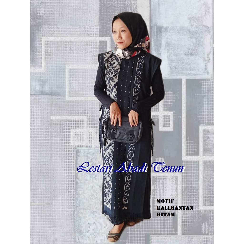 VEST WANITA PANJANG, OUTER ROMPI BAJU TENUN - MOTIF KALIMANTAN HITAM ( NEW )