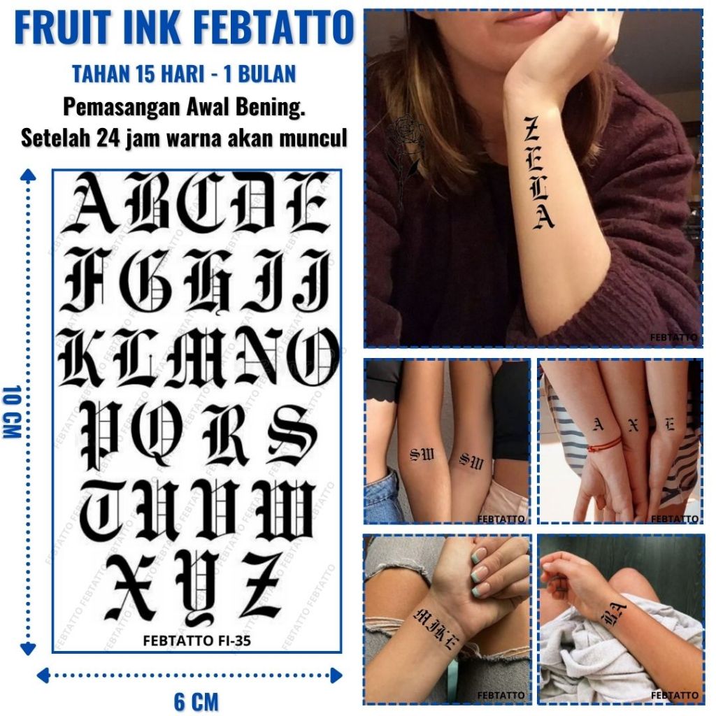FRUIT INK Tato Huruf Abjad Tahan 1 Bulan Ukuran 6cm x 10cm - FI 35 - Tato Lengan Tato Dada Tato tang