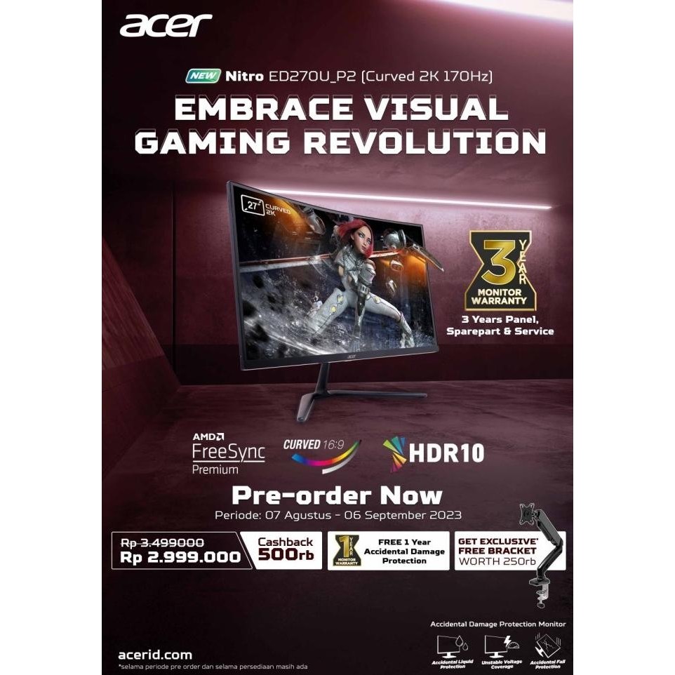 curve curved Ed 270 monitor Acer Nitro Ed270 P2 27 Inch Va 1Ms 170Hz Wqhd Gaming Lcd Monitor