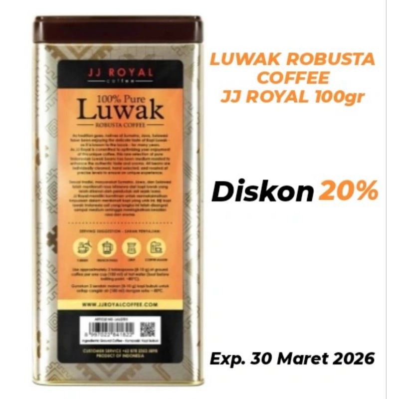 

JJ ROYAL COFFEE 100% PURE LUWAK ROBUSTA GROUND TIN 100GR