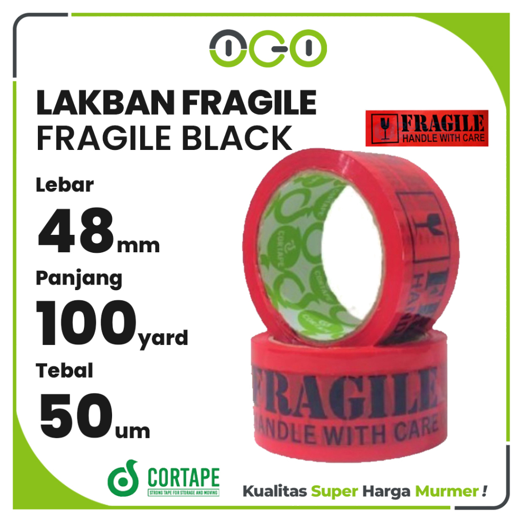 Lakban Selotip Fragile Merah Hitam 48mm x 100meter OPP Tape 2inch Cortape Harga Satuan Ecer Termurah