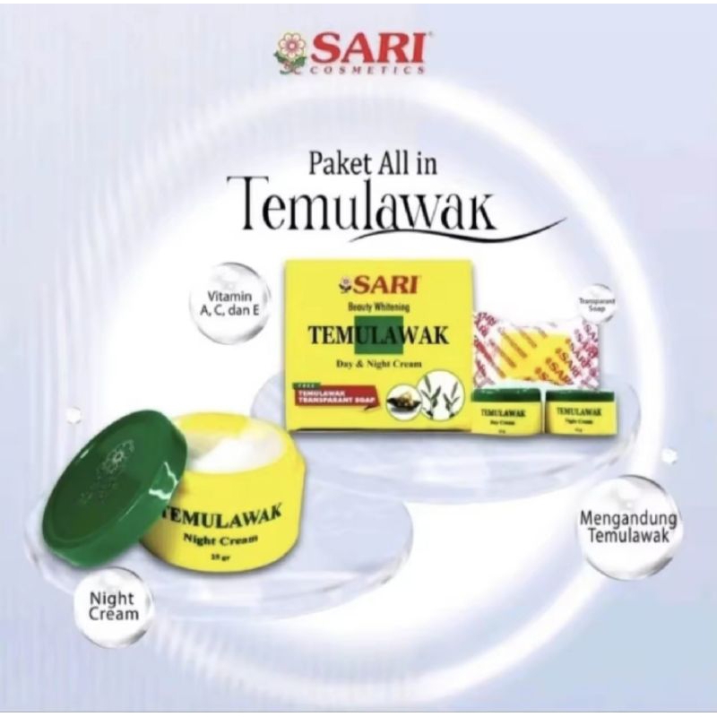 Sari Beauty Whitening Temulawak paket Day & Night cream , Transparan soap