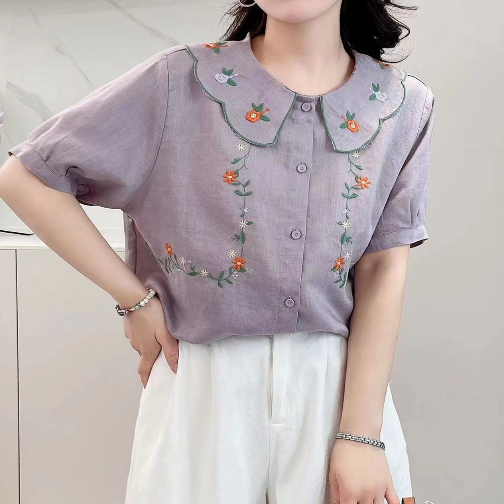 BLUS LINEN UNGU BIRU MUDA PUTIH KERAH SCALLOP & DADA BORDIR BUNGA KOREA IMPORT