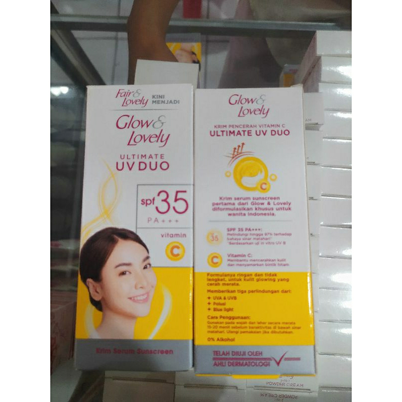 glow lovely sunscreen UV duo spf 35 fair lovely kuning sachet 40g